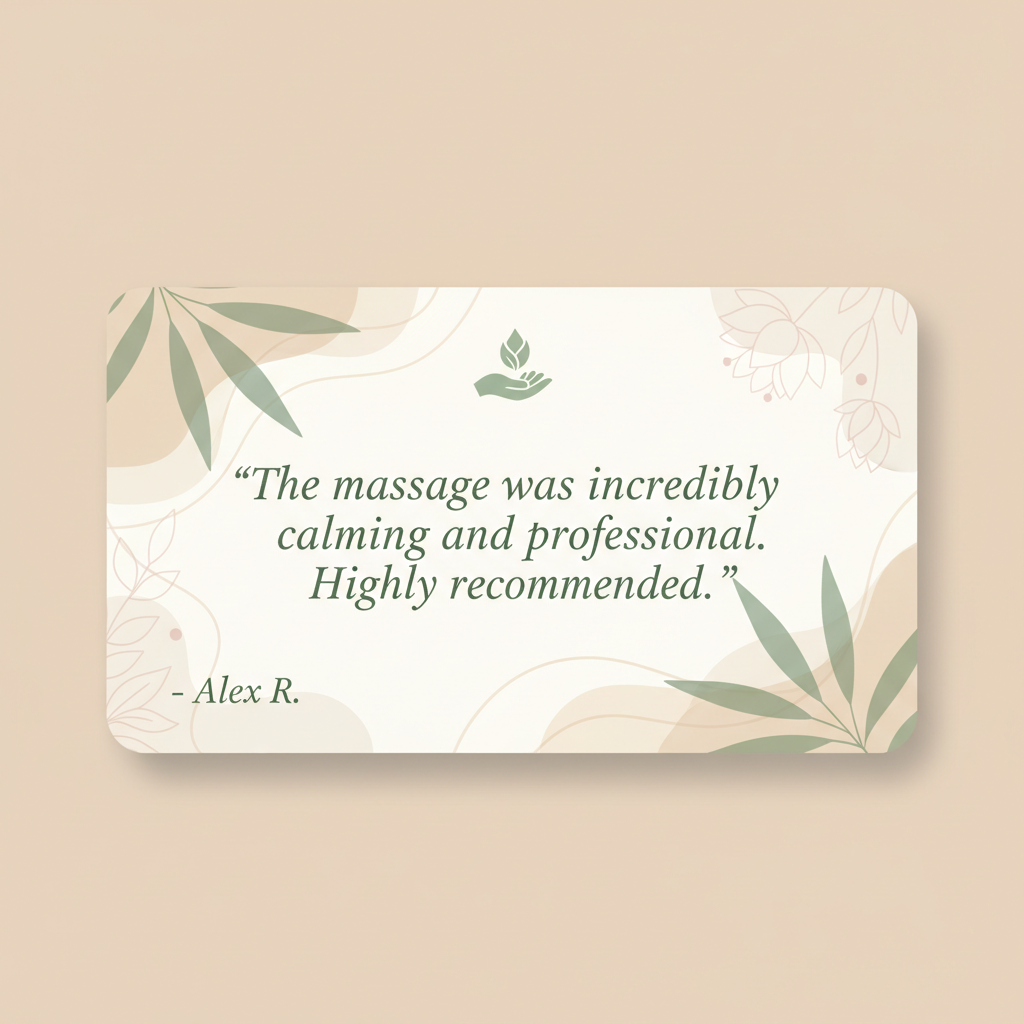 "The massage was incredibly calming and professional.
Highly recommended."
- Alex R.